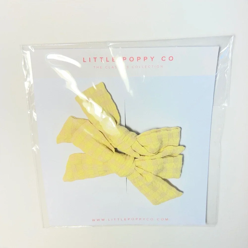 Little Poppy Co Yellow Gingham Hand Tied Hair Bow Set Classics Collection 2pc